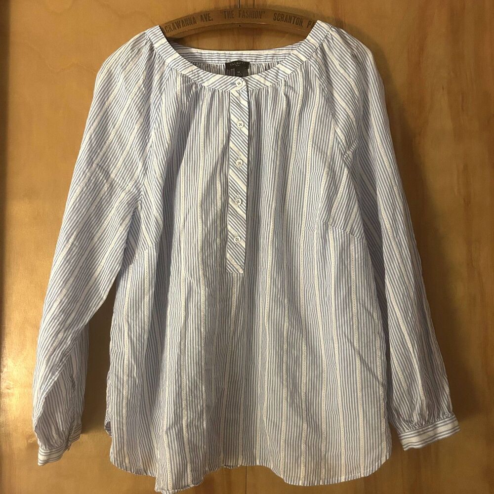 Talbots Womens 1X Cotton Popover Blouse-Blue & White Striped-Beachy-Vacation